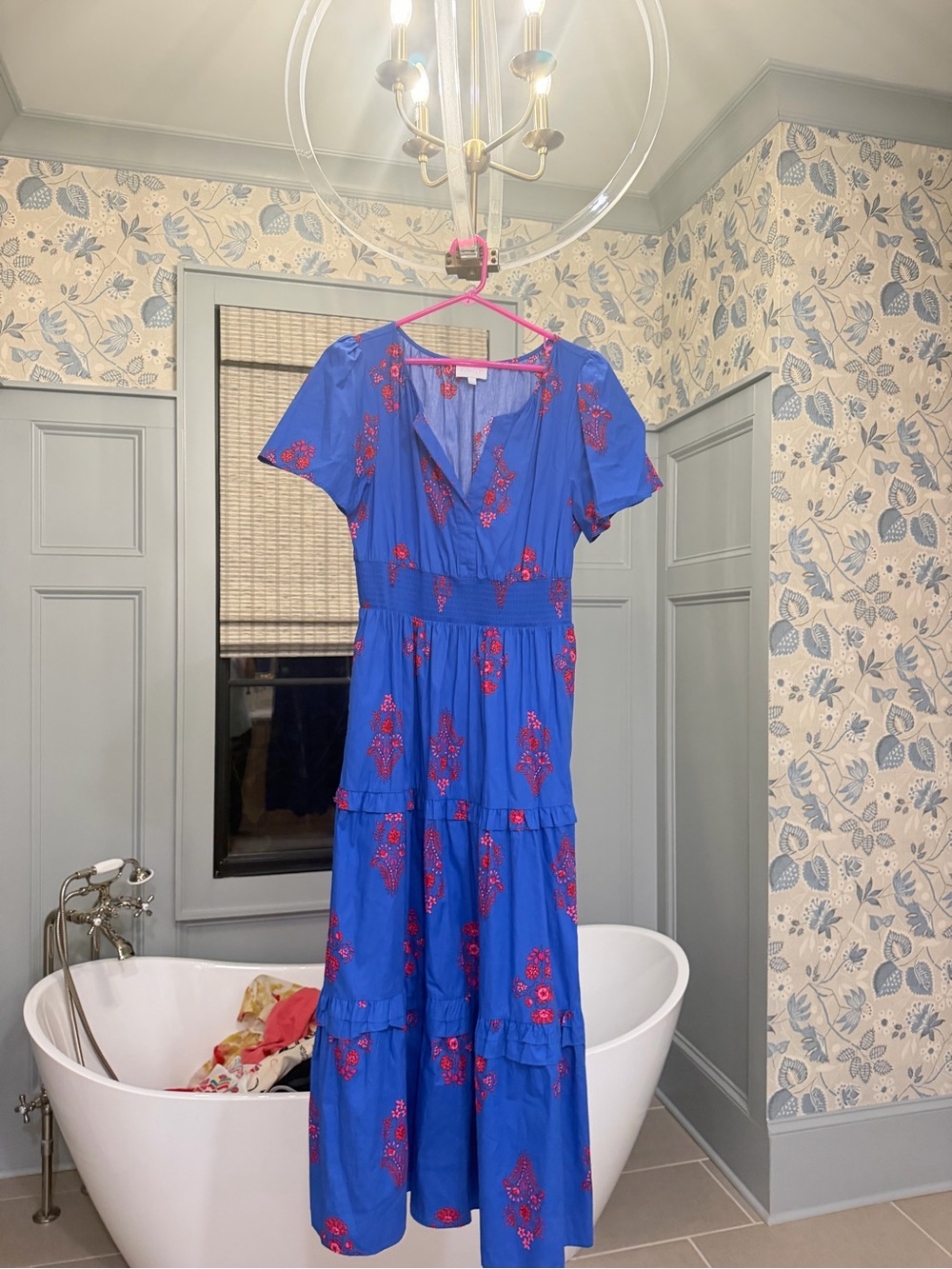 Blue Floral Tiered Dress with hot pink design